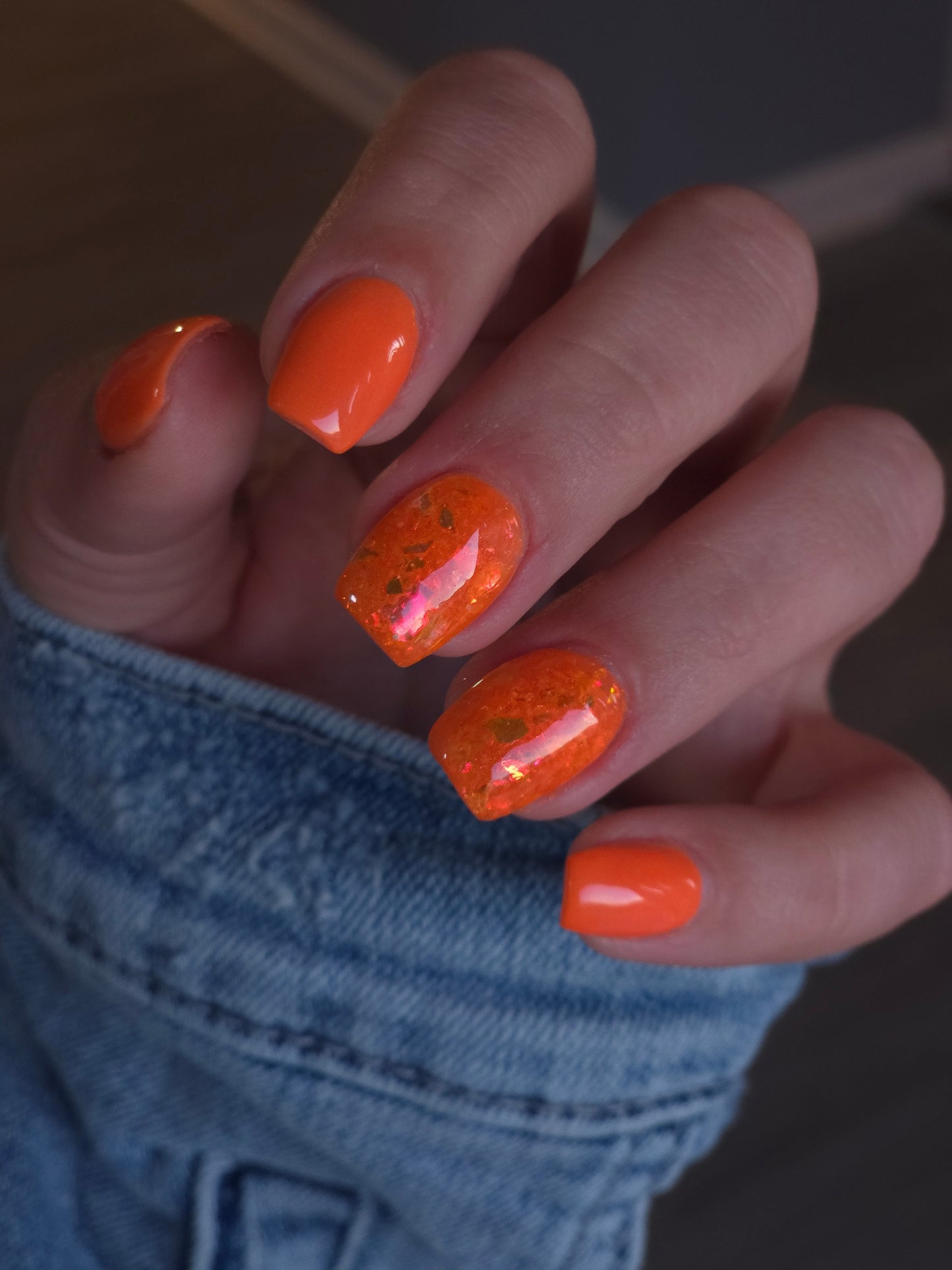 Melissa (solid orange) / Sun Rays (orange flakie from Mystery box)